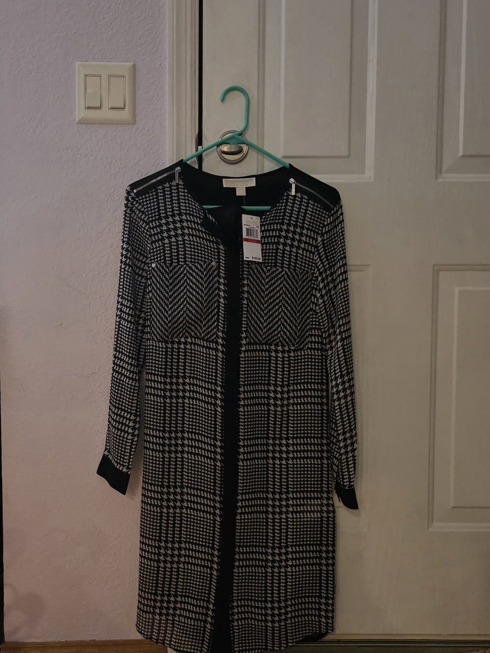 Michael Kors XS Black and White Houndstooth Long Sleeve Dress Coat